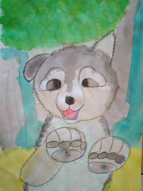 Детский рисунок - веселый волчонок