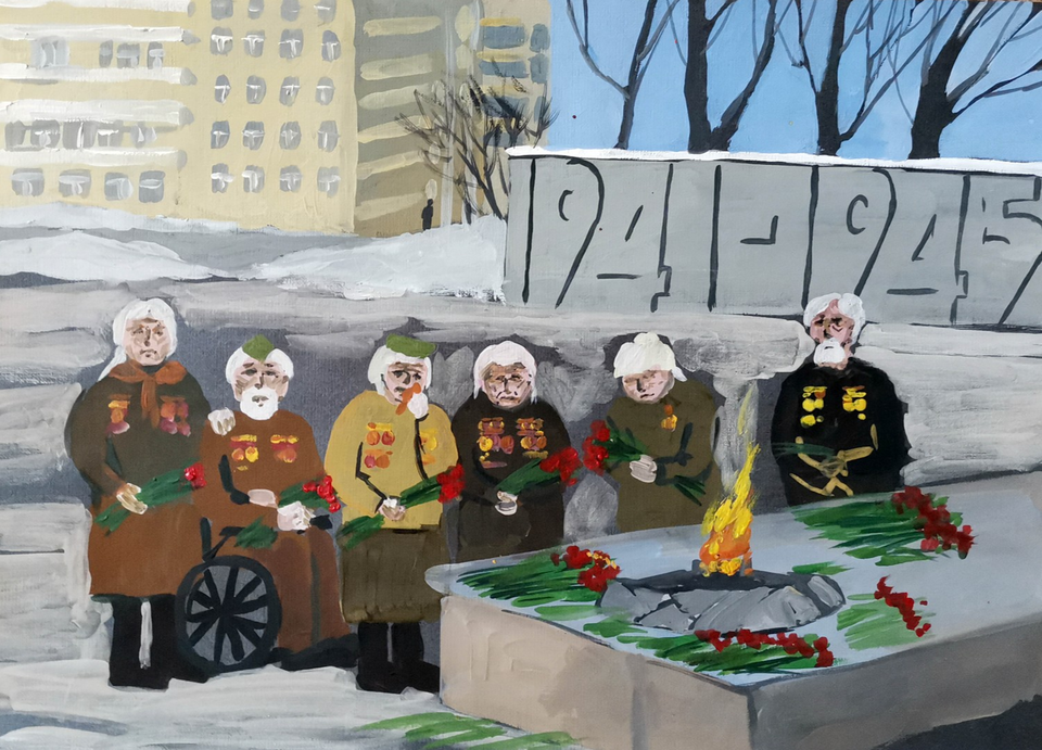 Детский рисунок - Ветераны Нижнего Тагила у Вечного огня на площади Славы