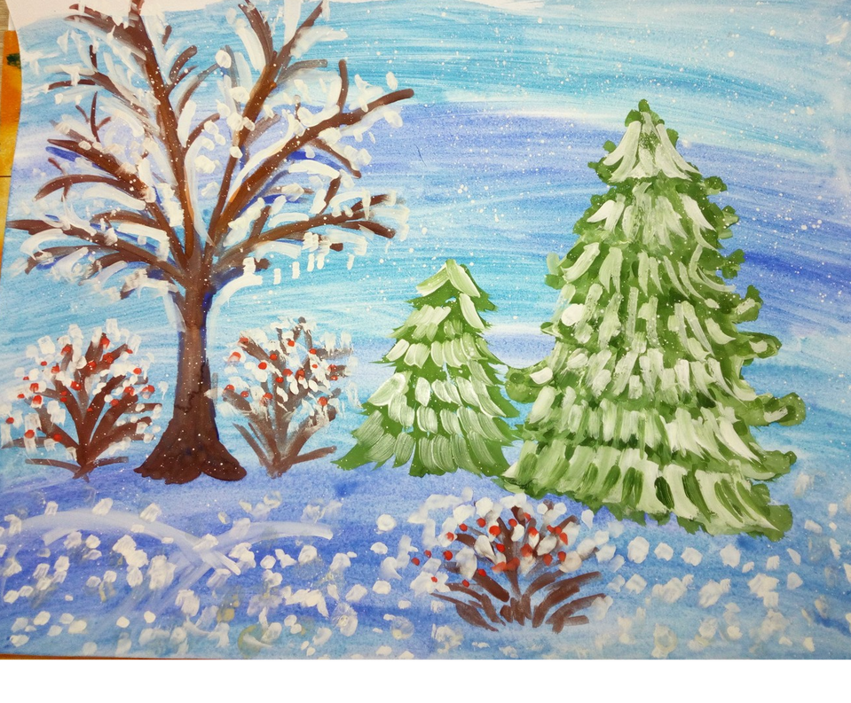 Детский рисунок - Зимний пейзаж очарование зимы