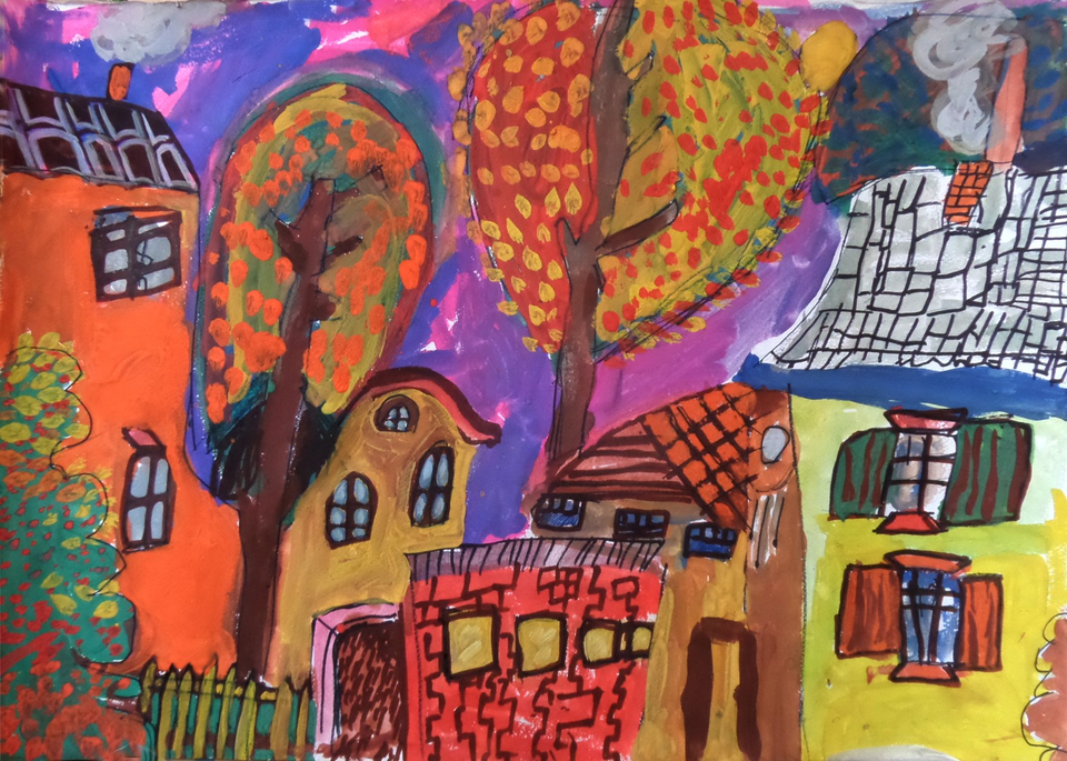 Детский рисунок - Осень в городе