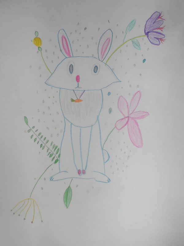 Детский рисунок - Зайчишка готов учиться