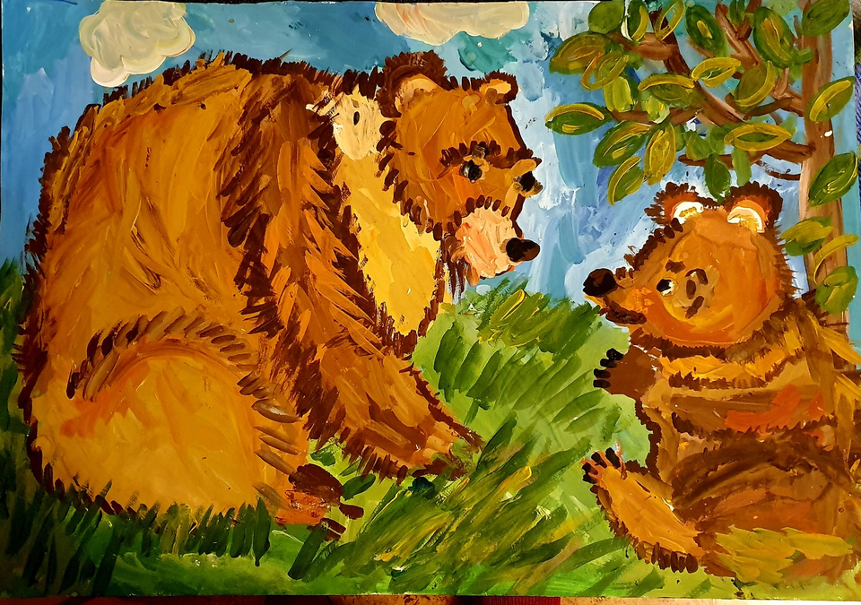 Детский рисунок - забота о медвежонке