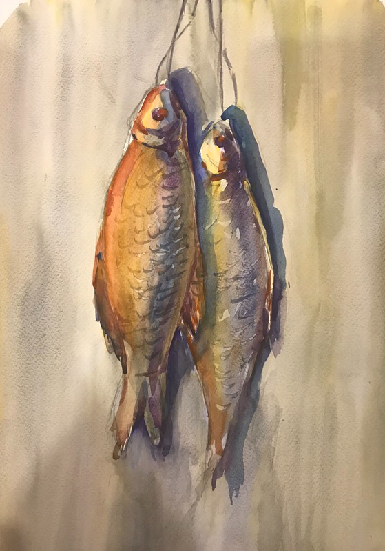 Детский рисунок - Натюрморт с рыбой