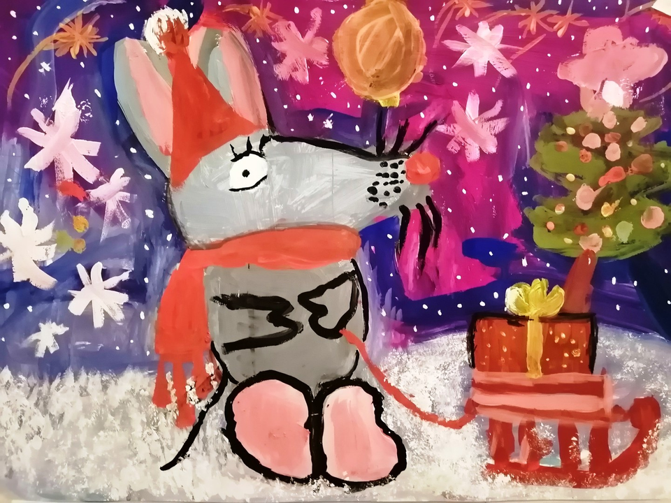 Детский рисунок - Новогодняя Мышка