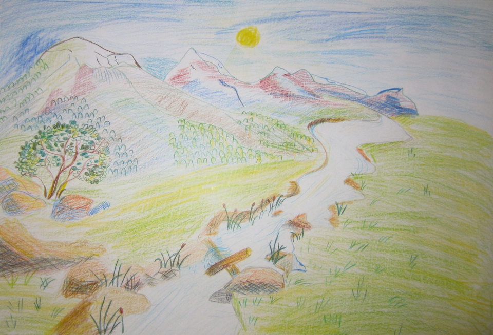 Детский рисунок - Горная река