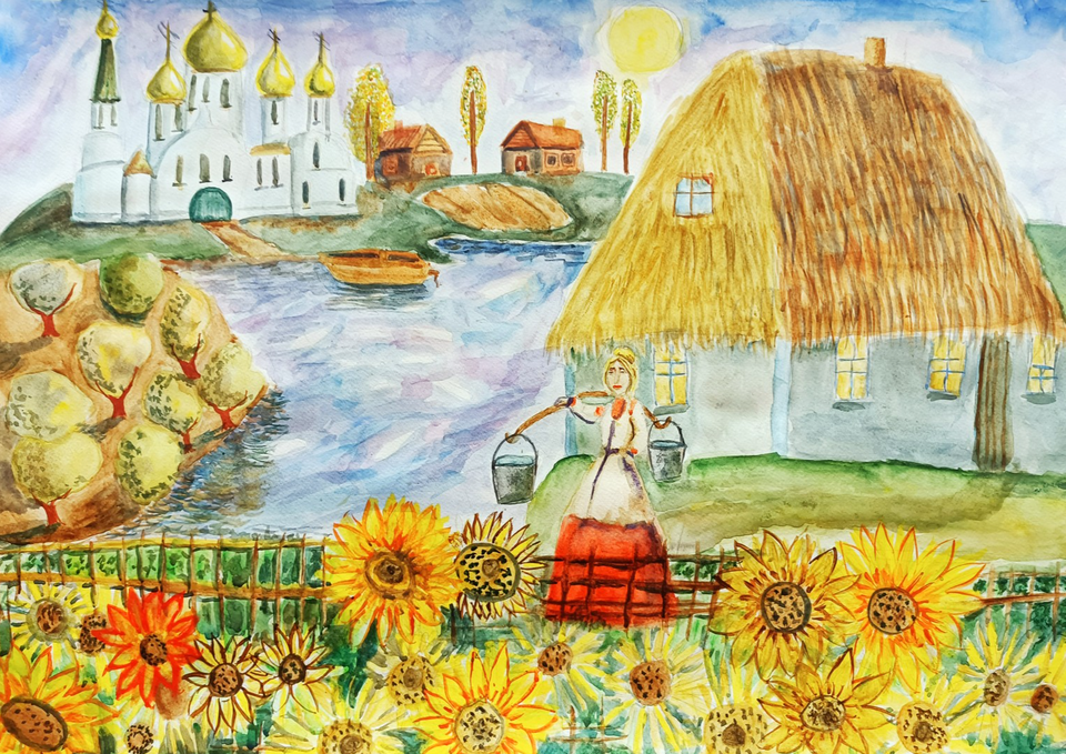 Детский рисунок - Осень в казачьей станице