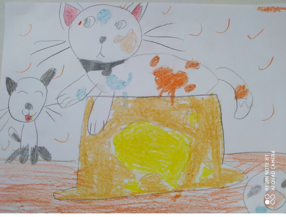 Детский рисунок - Котик в краске