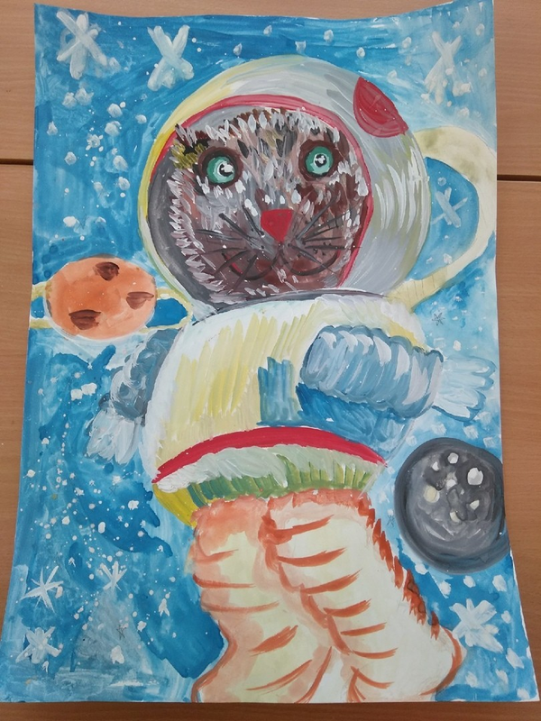 Детский рисунок - Кошки и космос