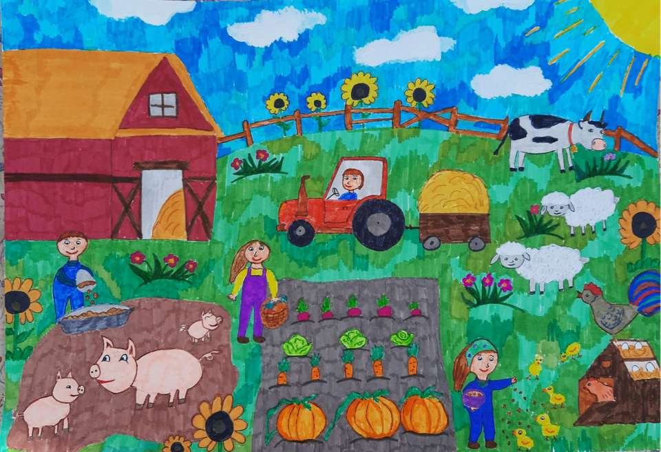 Детский рисунок - Веселая ферма