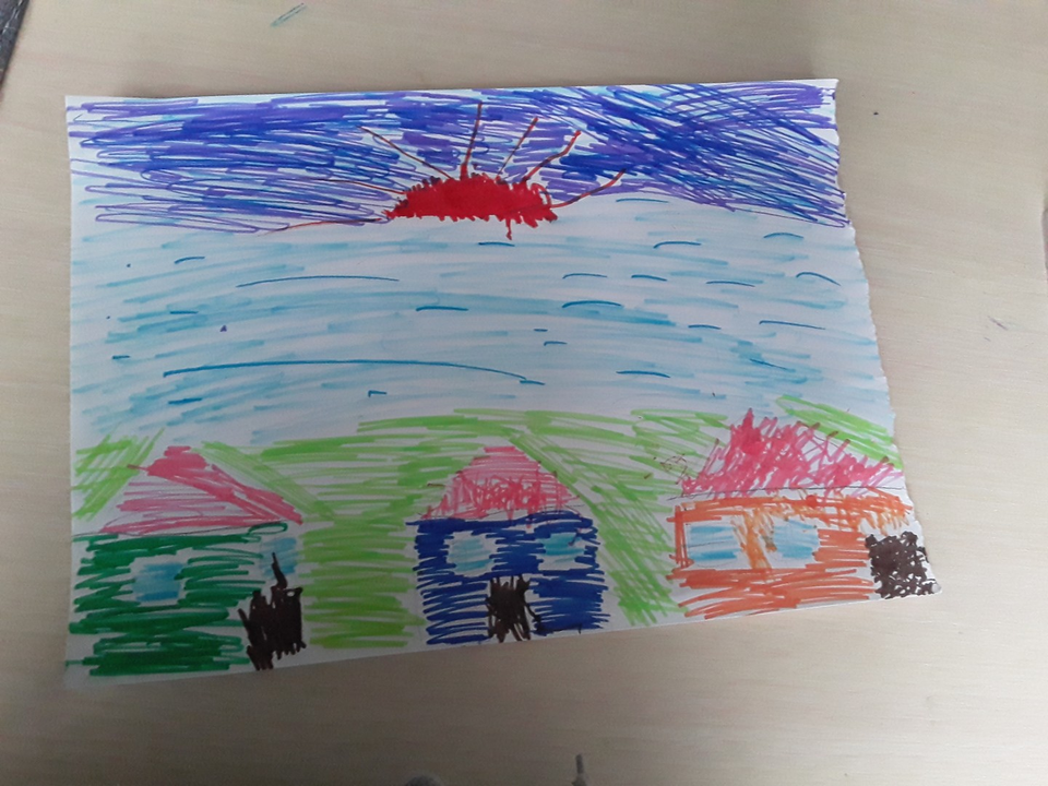Детский рисунок - Речка в деревне