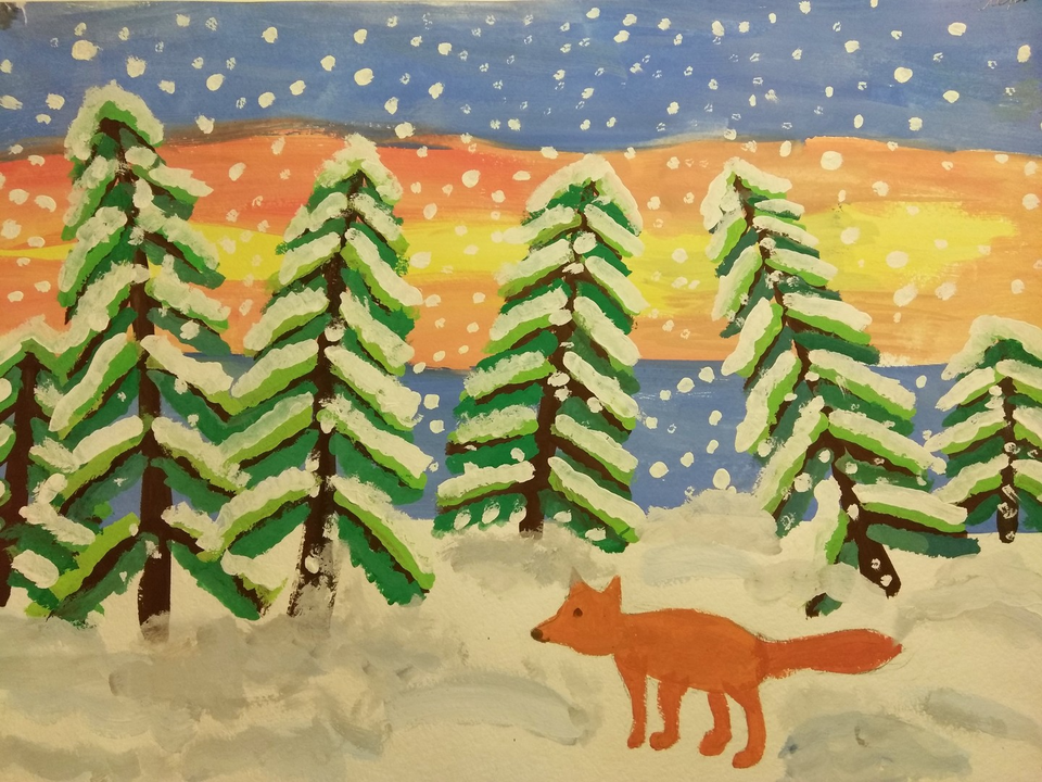 Детский рисунок - Лиса в зимнем лесу