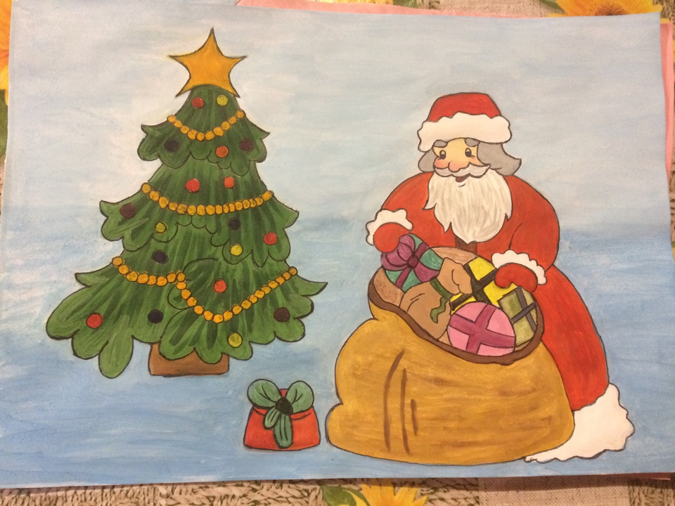 Детский рисунок - Дедушка Мороз подарочки принёс