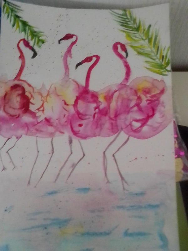 Детский рисунок - розовый фламинго