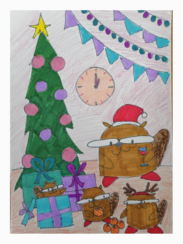 Детский рисунок - Бобры и Новый год