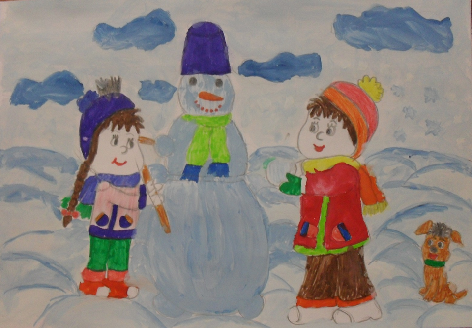 Детский рисунок - Снеговик готов