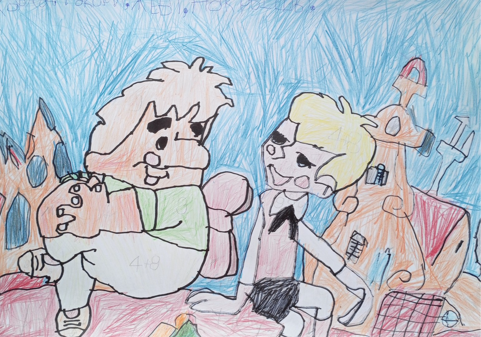 Детский рисунок - Малыш и Карлсон сидят на крыше