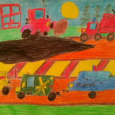 Рисунок "Каток ровняет асфальт по дороге"