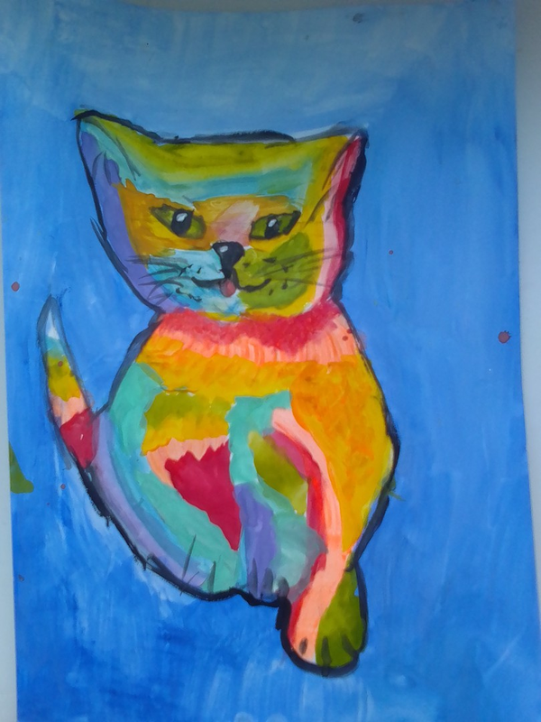 Детский рисунок - котик-рисовашка в стиле поп-арт