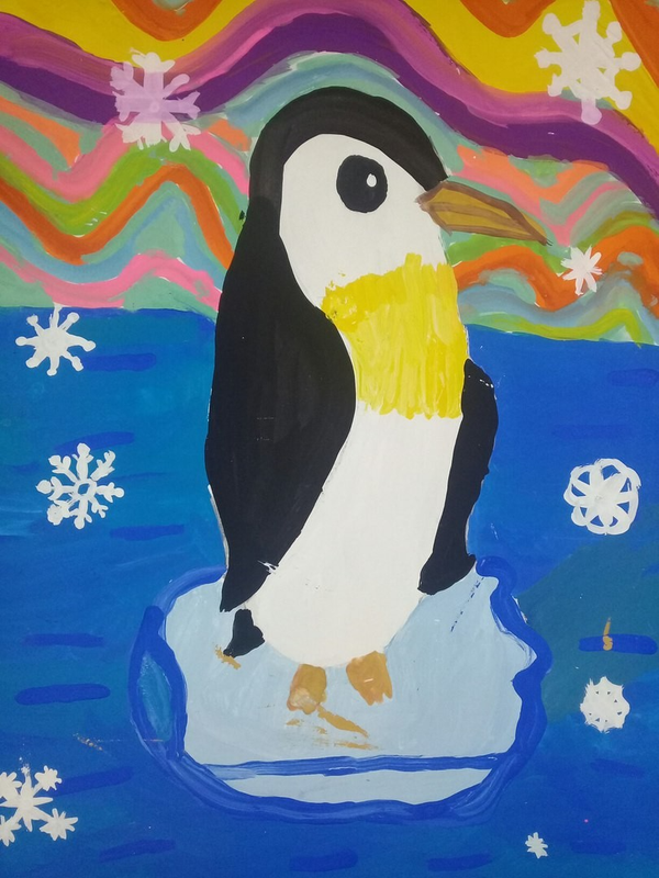 Детский рисунок - Пингвин на прогулке