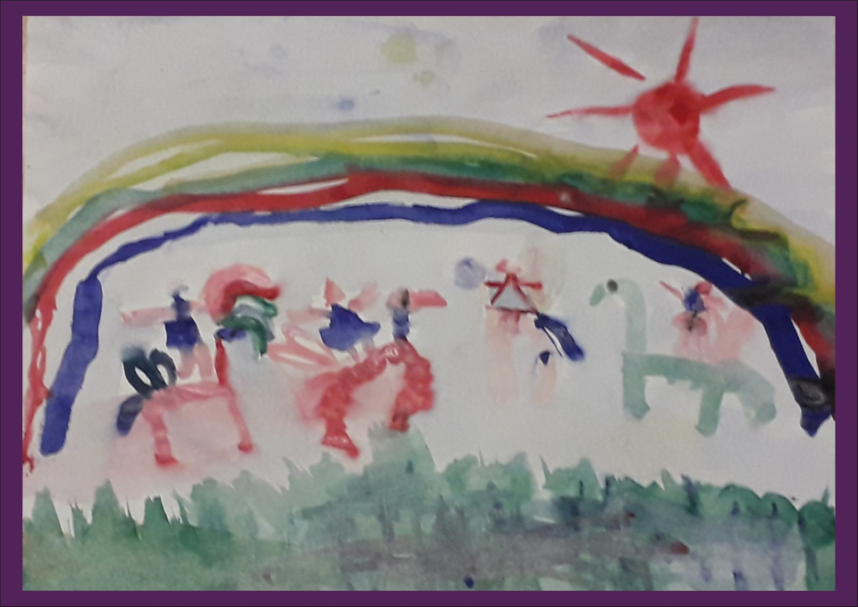 Детский рисунок - Прогулка на летающих лошадях