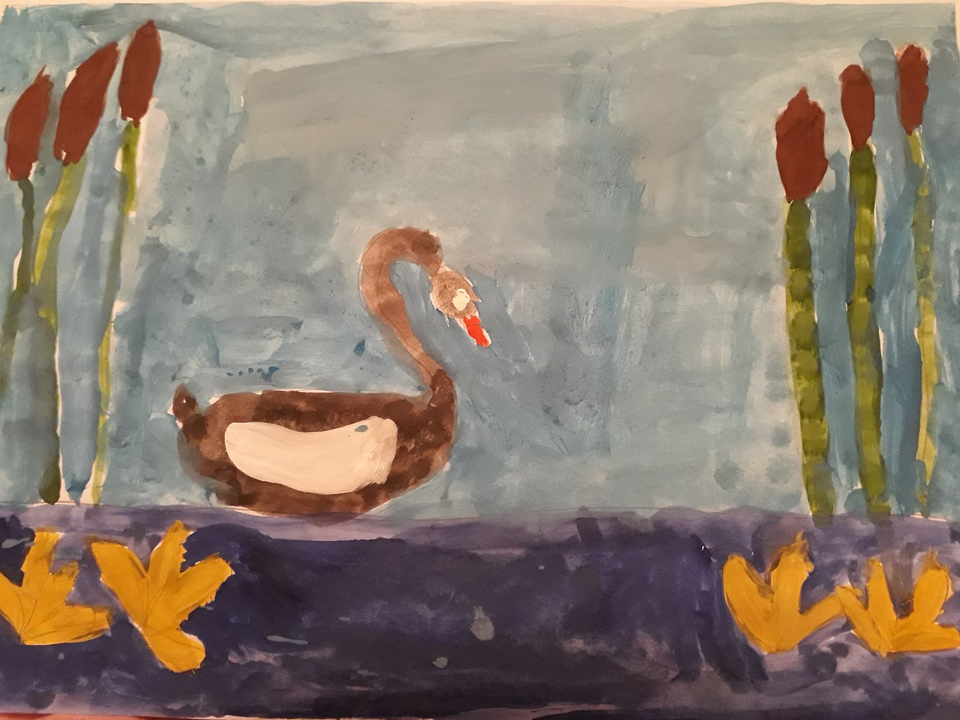 Детский рисунок - Лебедь на пруду