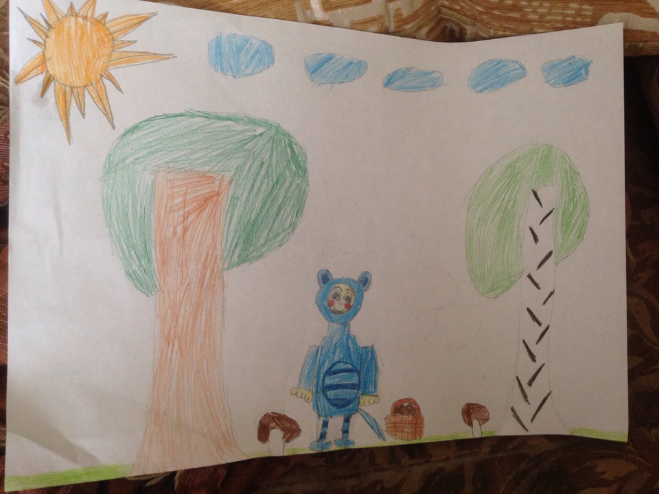 Детский рисунок - Мышонок Ням в лесу