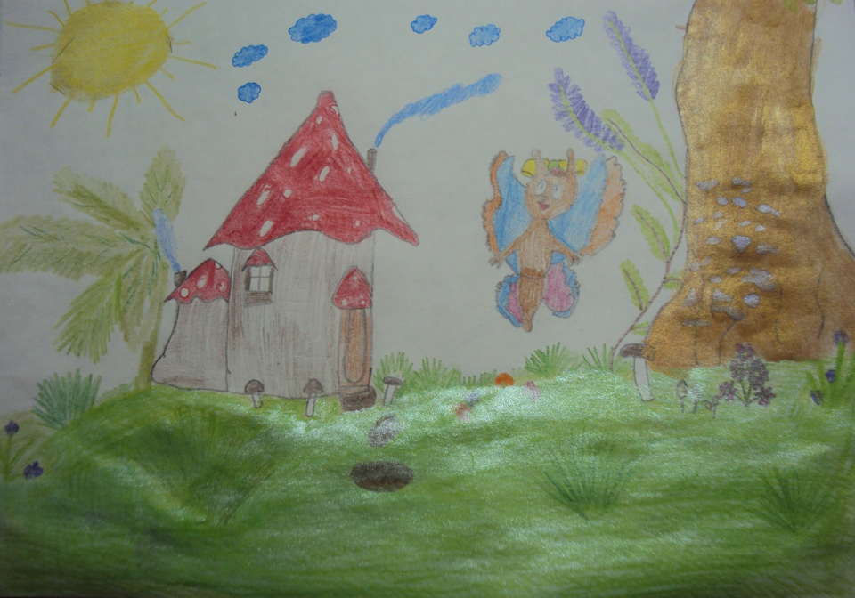 Детский рисунок - Домик-грибок