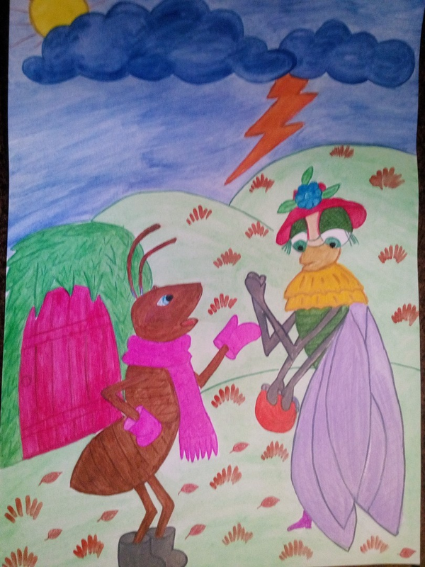 Детский рисунок - Стрекоза и муравей