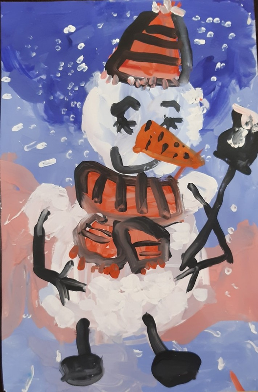 Детский рисунок - снеговичок-почтовичок