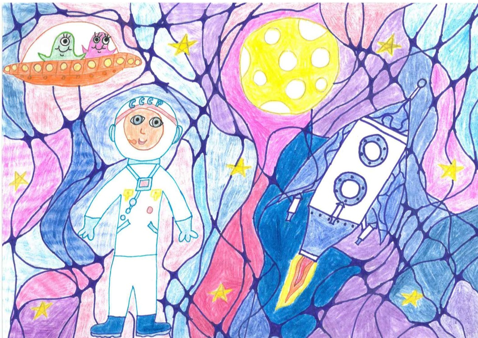 Детский рисунок - Первый человек в космосе