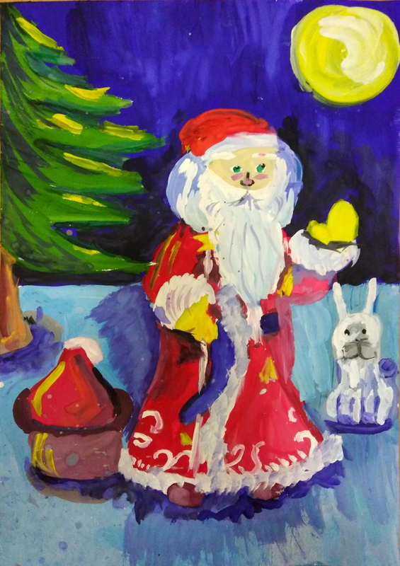 Детский рисунок - Дед Мороз несёт подарки