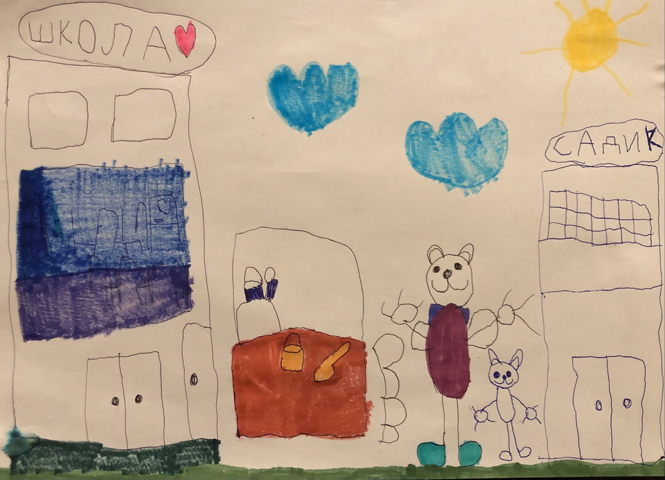 Детский рисунок - медведь и котик идут в школу и садик