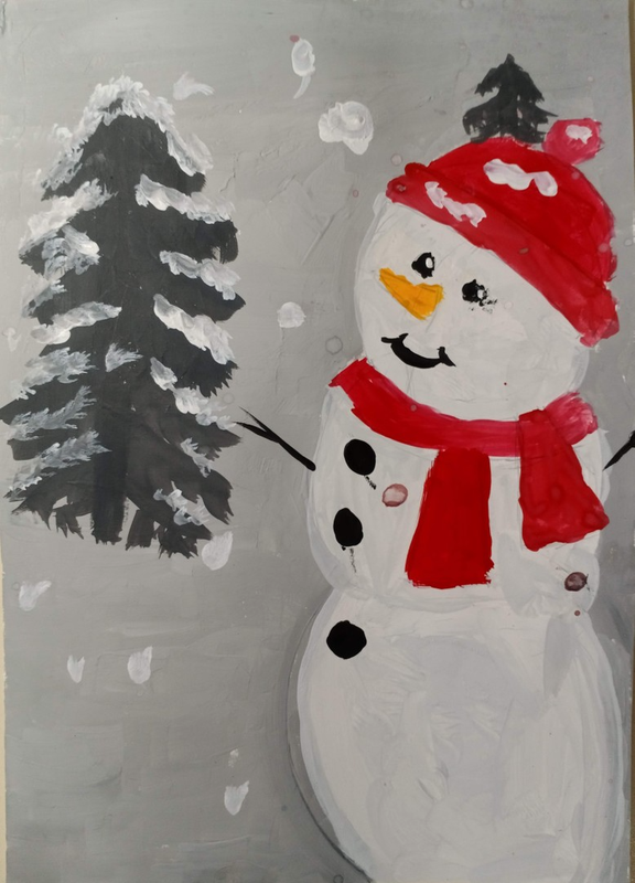 Детский рисунок - Веселый снеговик