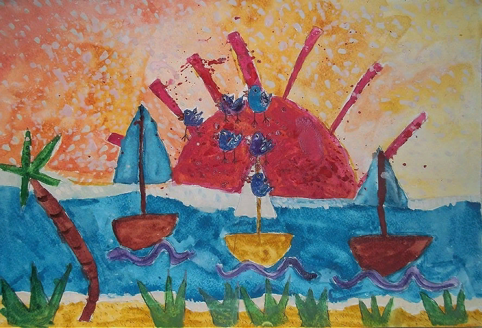 Детский рисунок - Закат у моря