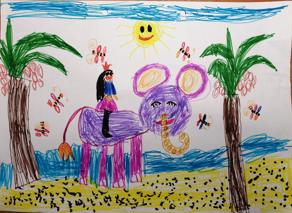 Детский рисунок - Принцесса и добрый слон