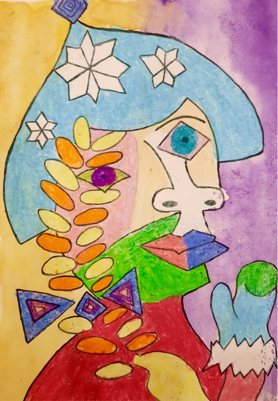 Детский рисунок - Снегурочка в стиле Пабло Пикассо