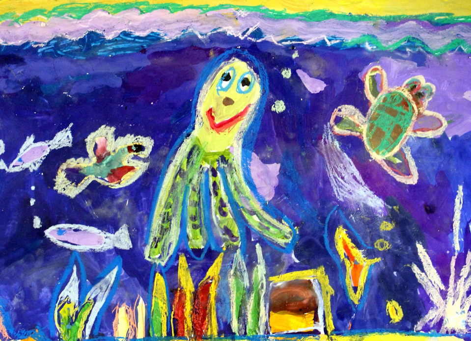 Детский рисунок - Весёлый осьминог