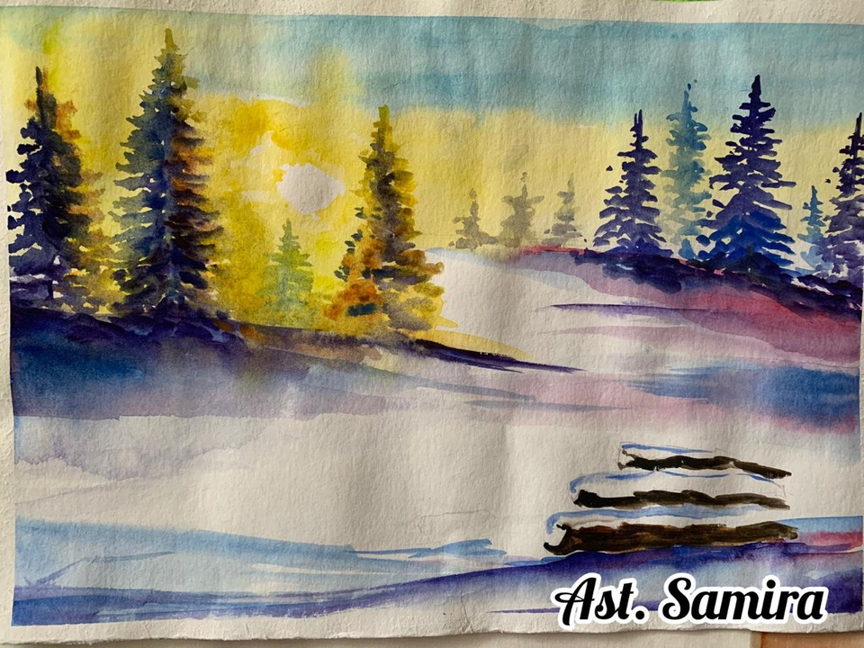 Детский рисунок - закат зимой