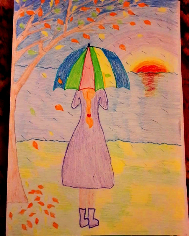 Детский рисунок - Закат осенью