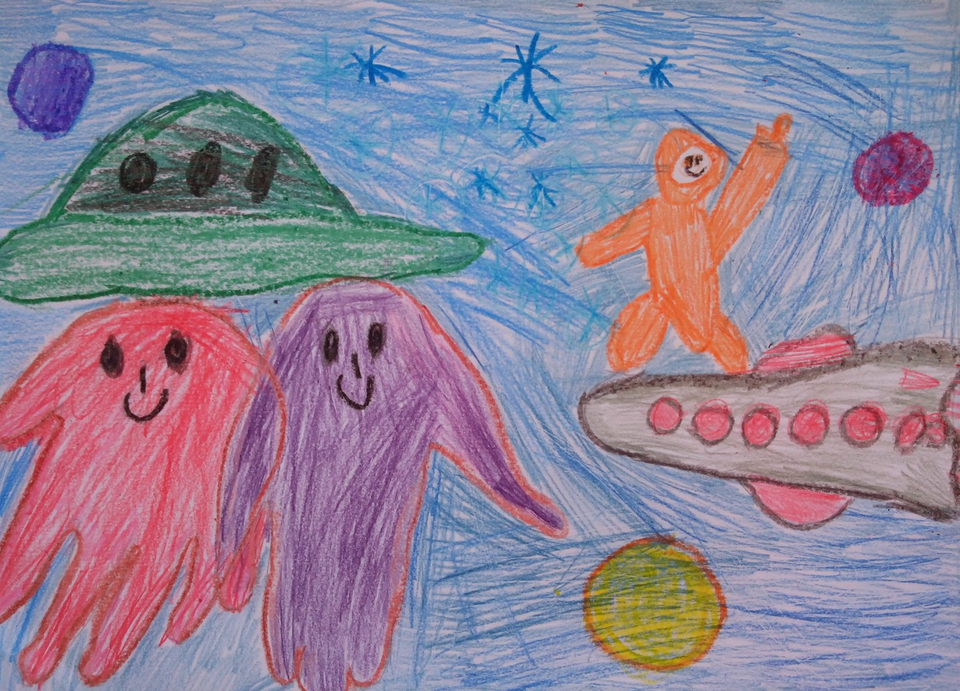 Детский рисунок - Карандаш и инопланетяне  в космосе