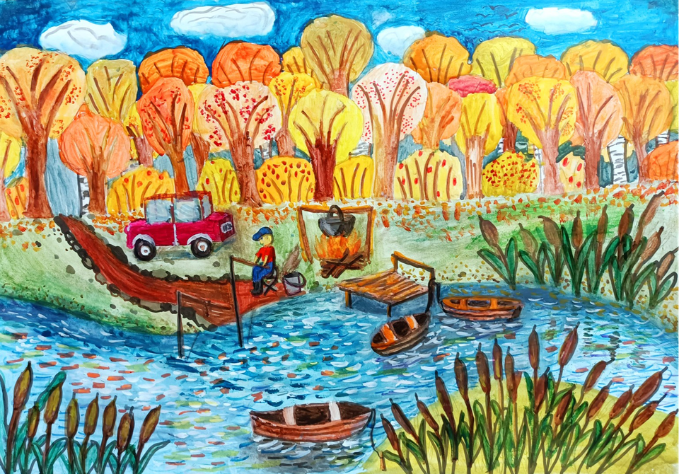 Детский рисунок - Золотая осень на реке