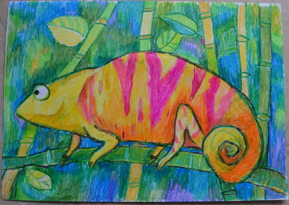 Детский рисунок - Хамелеон в бамбуковой роще