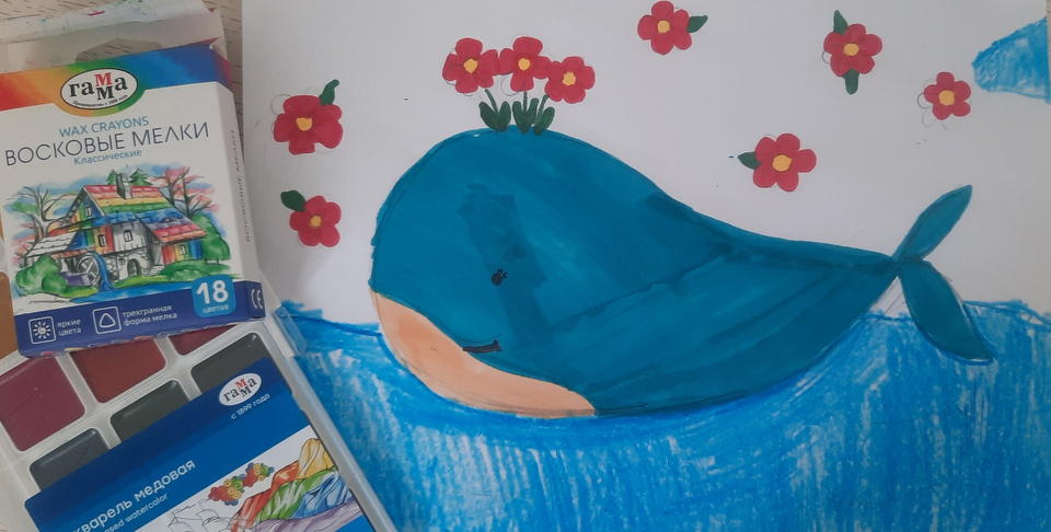Детский рисунок - Цветочный кит
