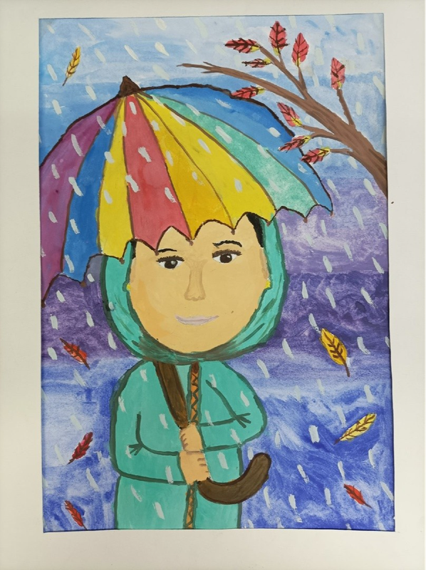 Детский рисунок - Прогулка под зонтом