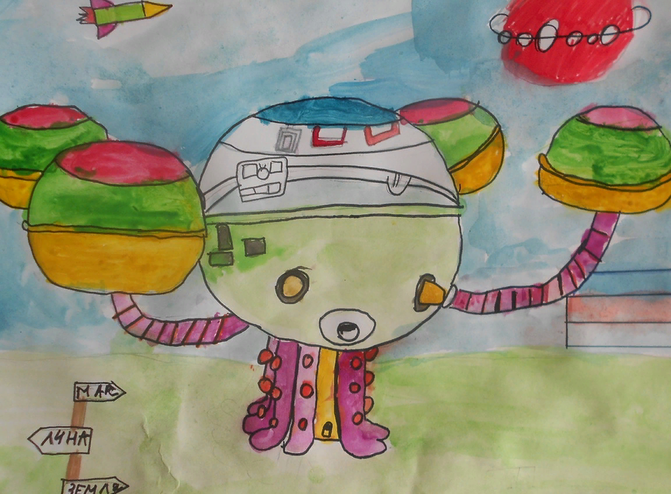 Детский рисунок - Экскурсия на космическом корабле