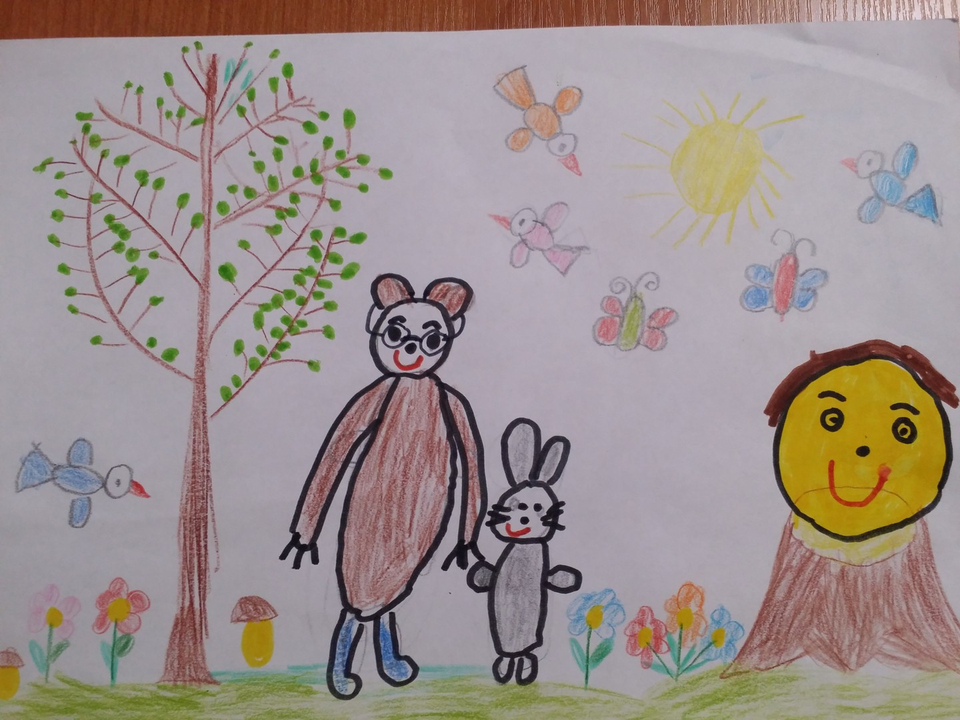 Детский рисунок - Колобок гуляет с друзьями по лесу