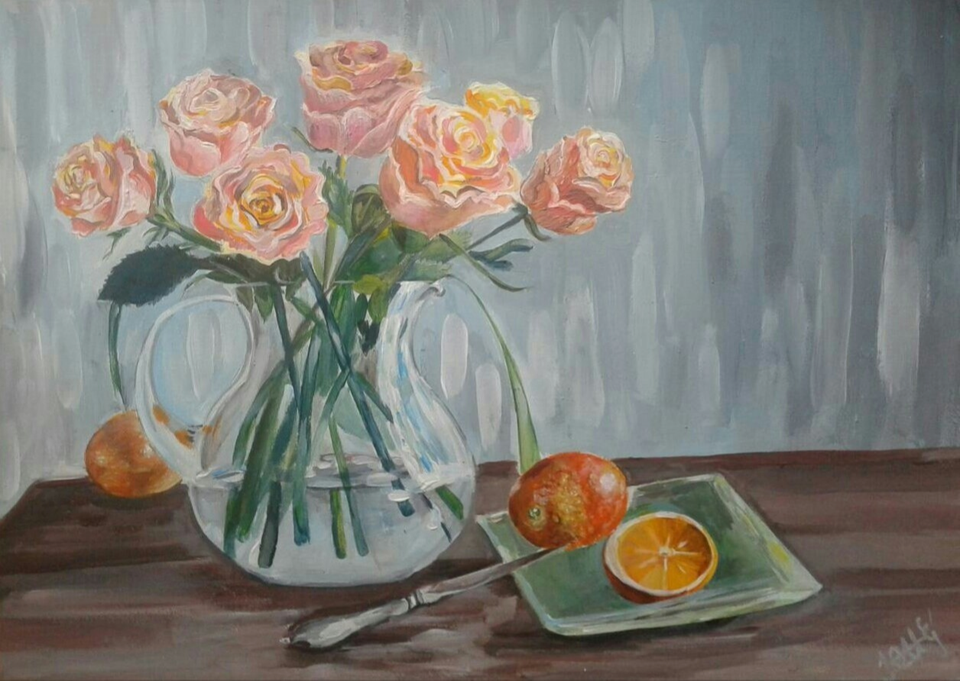 Детский рисунок - Розы и апельсин