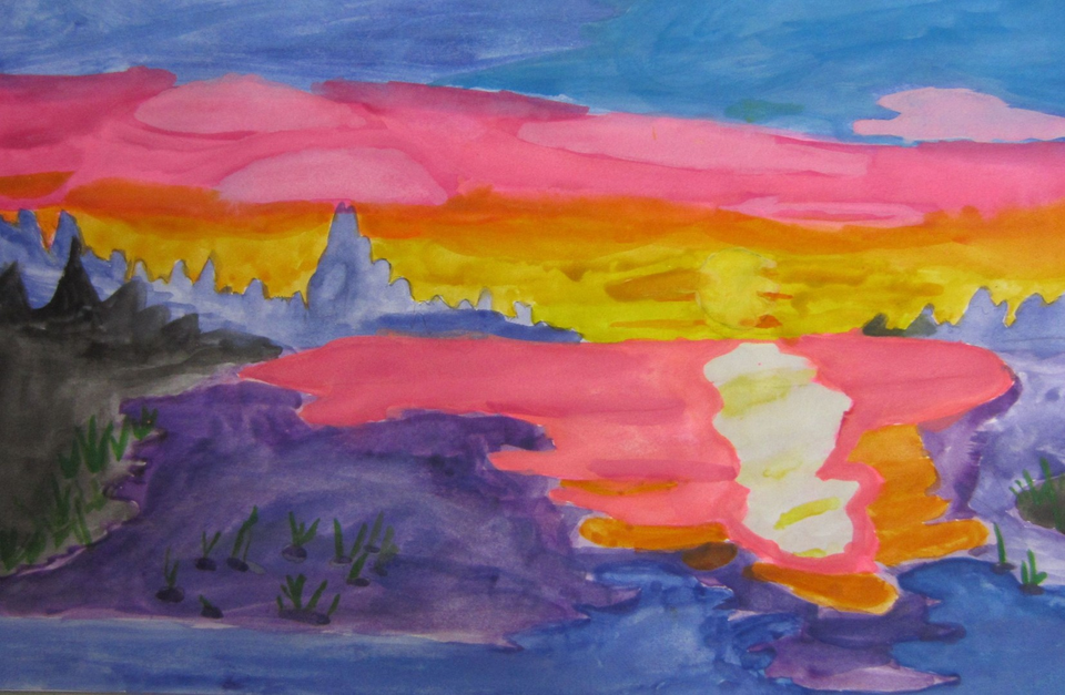 Детский рисунок - Закат солнца на море