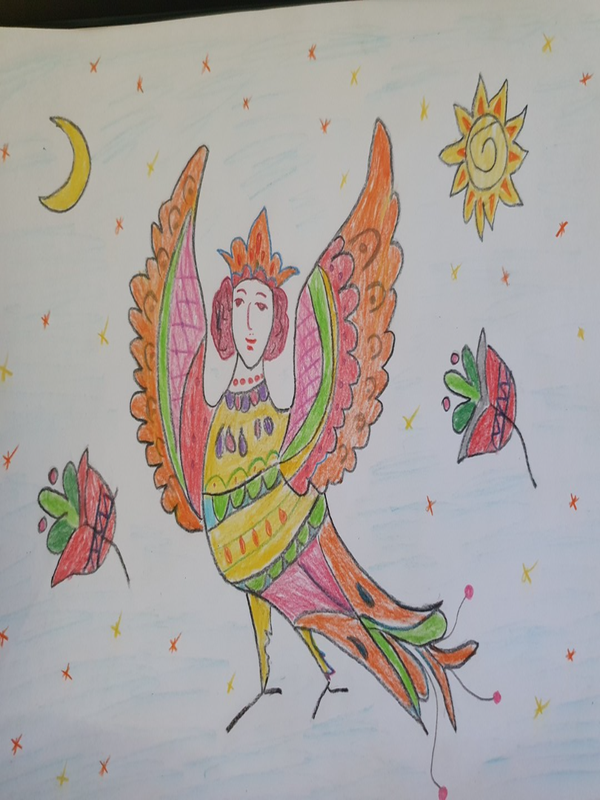 Детский рисунок - Птица Сирин