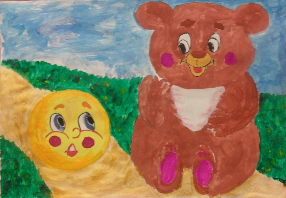 Детский рисунок - Встреча колобка и медведя